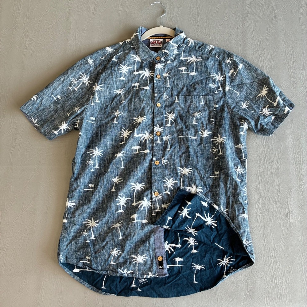 Ron John Surf Shop Men's Medium Blue Reverse Print Palm Tree Hawaiian Shirt